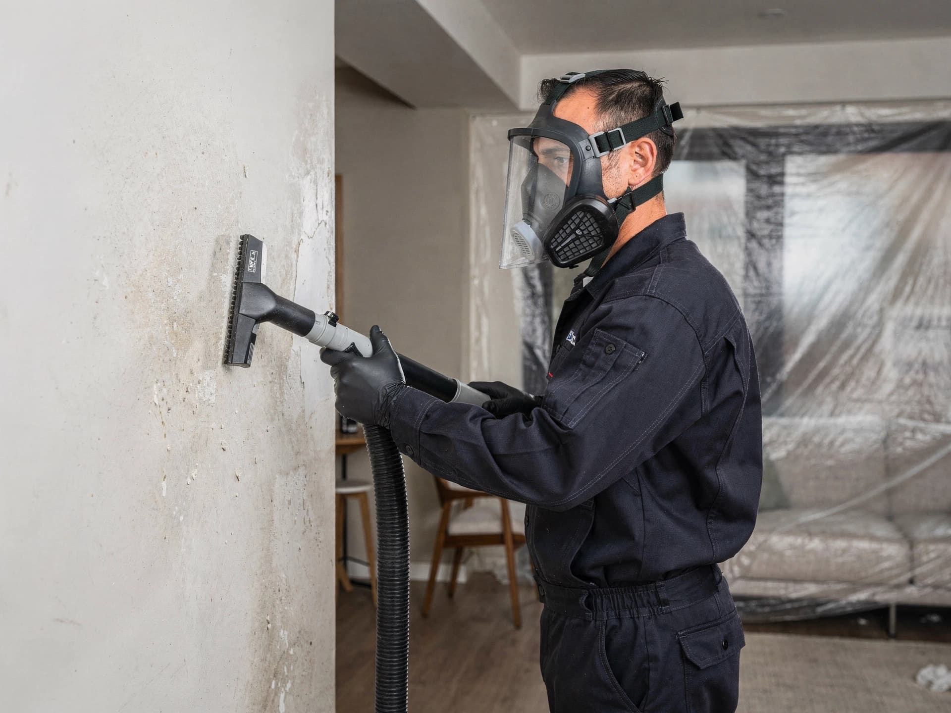 Technician performing controlled mold remediation work in a protected, contained space