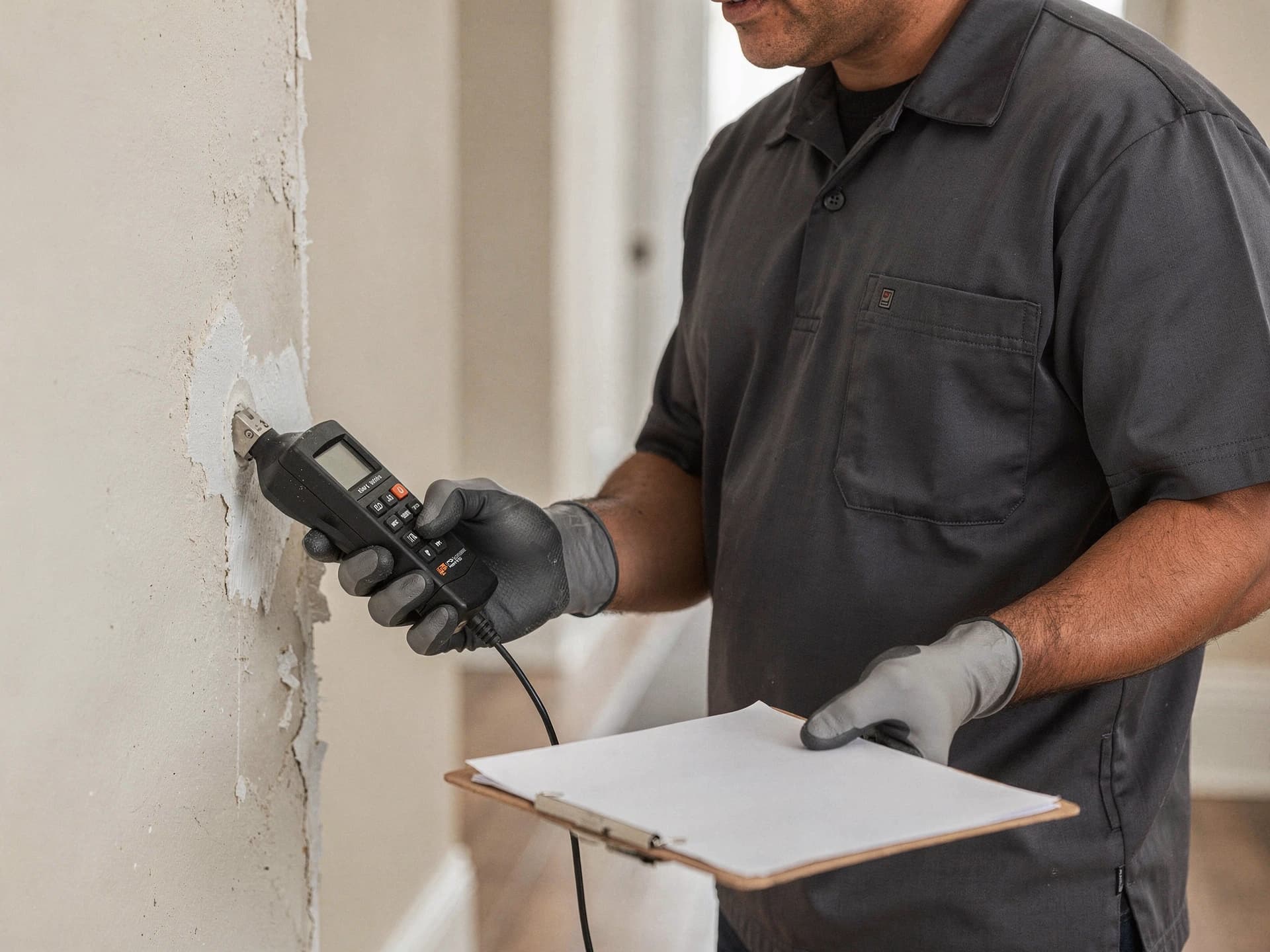 Moisture inspection using a meter with documentation on a clipboard