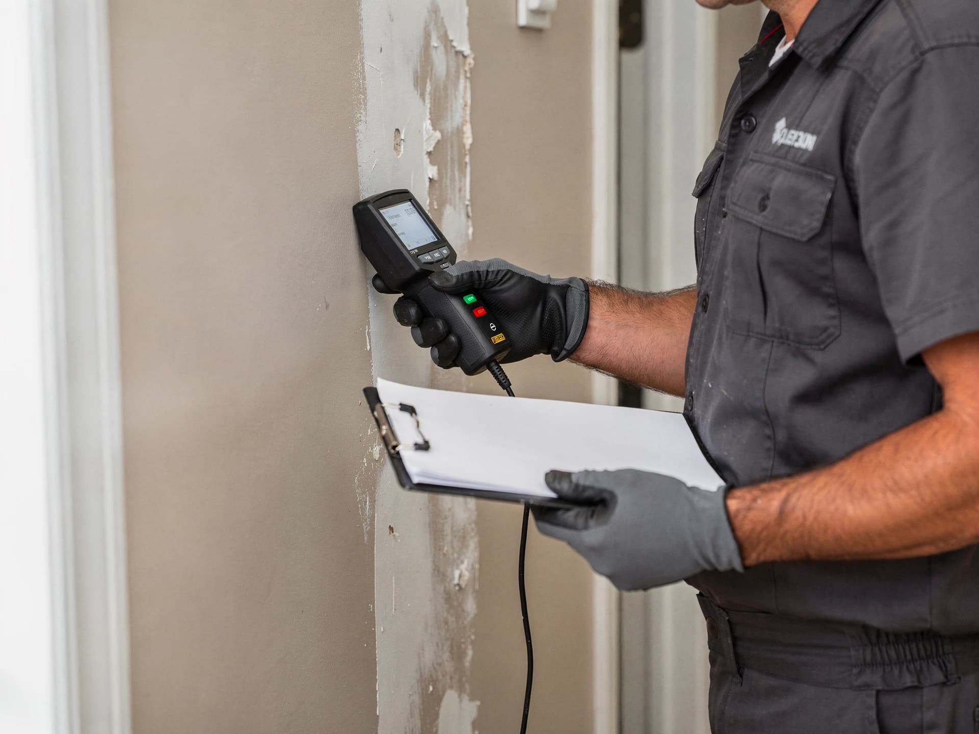 Technician taking moisture readings on drywall and documenting findings for a restoration plan
