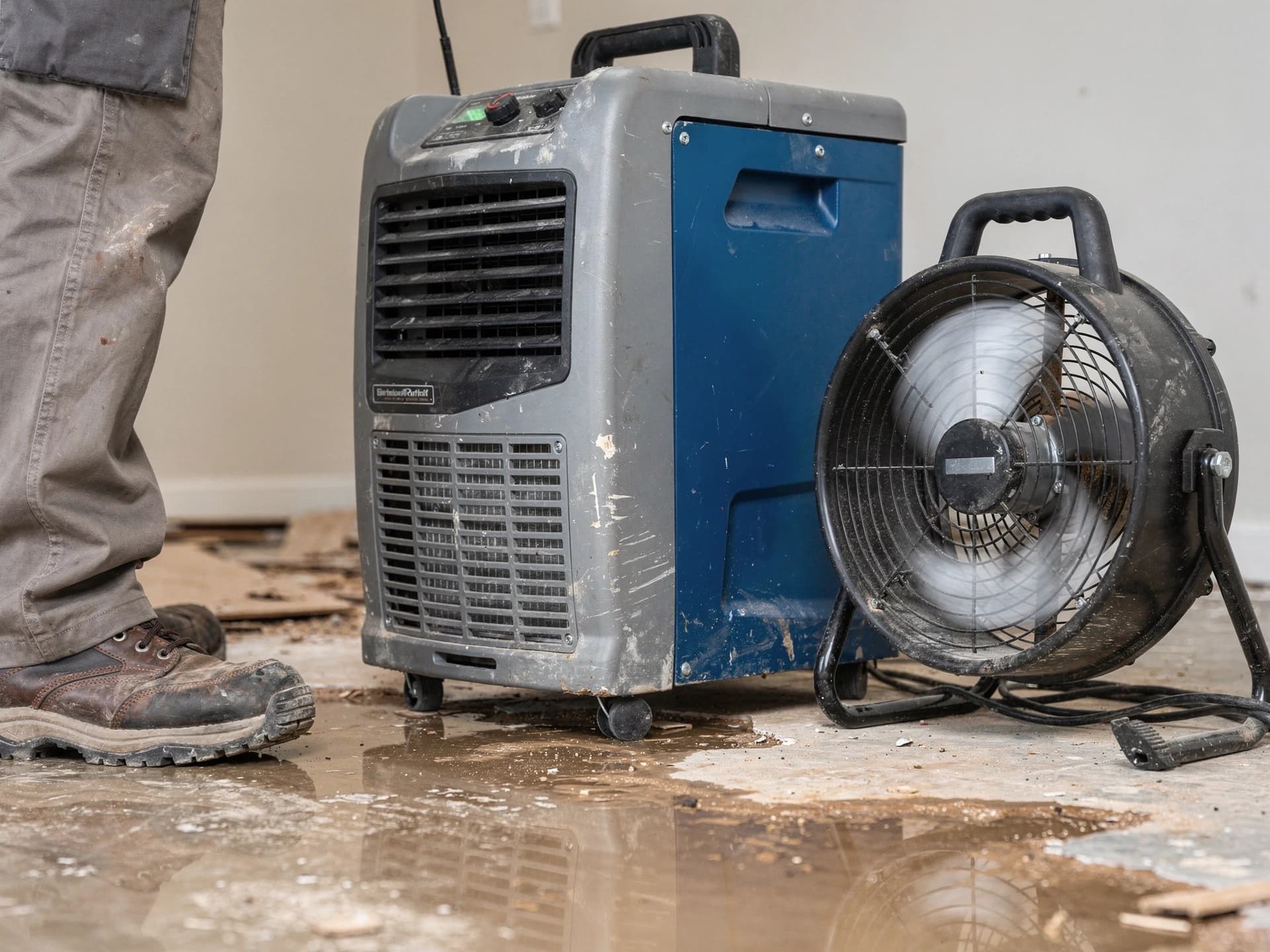 Air mover and drying equipment on-site during a restoration job