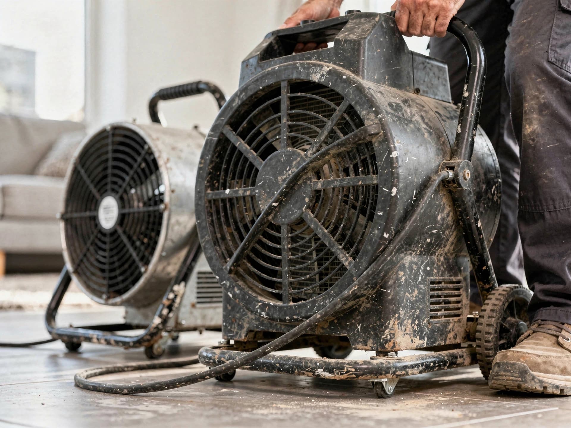 Professional drying equipment used for restoration including air movers and dehumidification setup